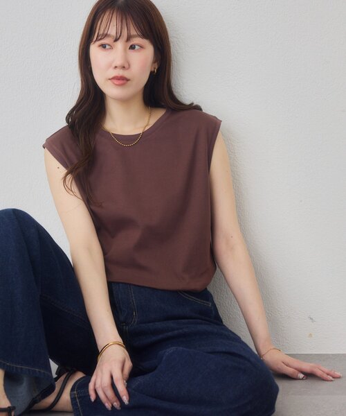 DISCOAT(ディスコート)の「コットンノースリTシャツ(Tシャツ/カットソー・レディース・ブラウン/オフホワイト/オレンジ/チャコールグレー・FREE)」の1枚目の写真