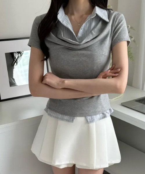 VIVID LADY(ビビッドレディー)の「ドレープネック シャツドッキング 半袖トップス(Tシャツ/カットソー・レディース・ブラック/グレー/チャコールグレー・FREE)」の12枚目の写真