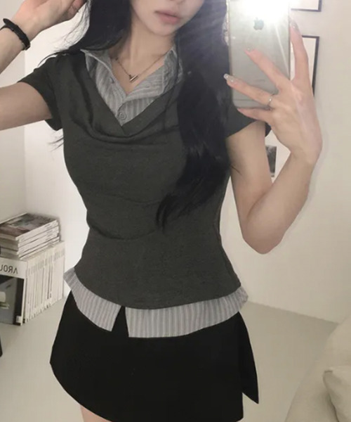 VIVID LADY(ビビッドレディー)の「ドレープネック シャツドッキング 半袖トップス(Tシャツ/カットソー・レディース・ブラック/グレー/チャコールグレー・FREE)」の16枚目の写真