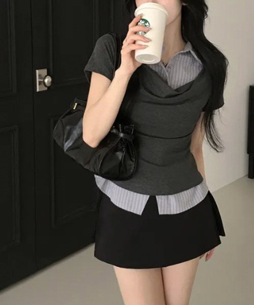 VIVID LADY(ビビッドレディー)の「ドレープネック シャツドッキング 半袖トップス(Tシャツ/カットソー・レディース・ブラック/グレー/チャコールグレー・FREE)」の4枚目の写真
