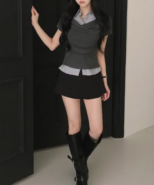 VIVID LADY(ビビッドレディー)の「ドレープネック シャツドッキング 半袖トップス(Tシャツ/カットソー・レディース・ブラック/グレー/チャコールグレー・FREE)」の5枚目の写真
