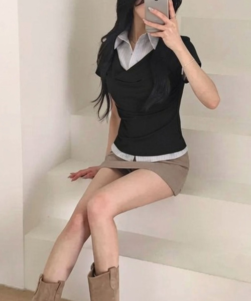 VIVID LADY(ビビッドレディー)の「ドレープネック シャツドッキング 半袖トップス(Tシャツ/カットソー・レディース・ブラック/グレー/チャコールグレー・FREE)」の7枚目の写真