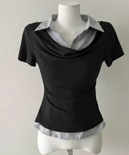VIVID LADY(ビビッドレディー)の「ドレープネック シャツドッキング 半袖トップス(Tシャツ/カットソー・レディース・ブラック/グレー/チャコールグレー・FREE)」の19枚目の写真