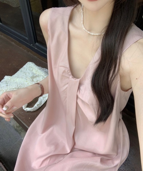 Aelina（エリナ）の「ノースリーブVネックワンピース（ワンピース・レディース・ピンク/ホワイト・FREE）」の8枚目の写真