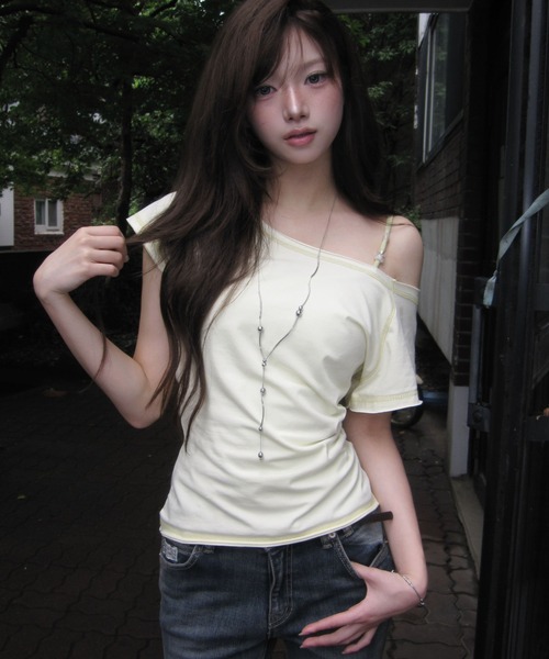 modimood（モディムード）の「[MADE] コントラストステッチ2WAYラグラン半袖Tシャツ（Tシャツ/カットソー・レディース・グレー/レモンイエロー・FREE）」の8枚目の写真
