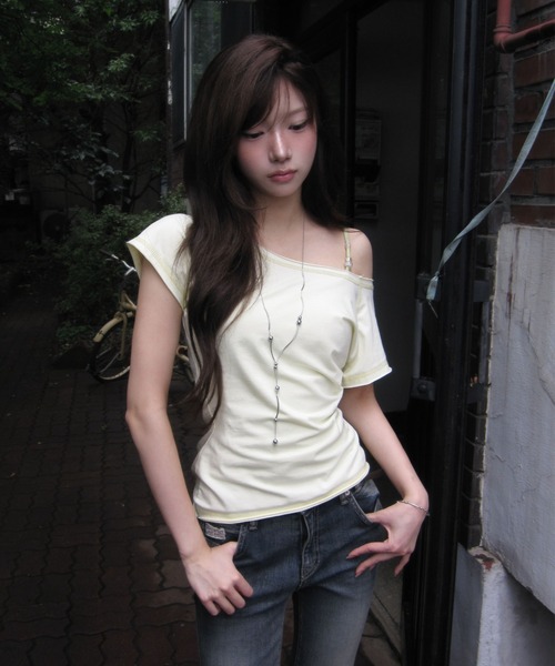 modimood（モディムード）の「[MADE] コントラストステッチ2WAYラグラン半袖Tシャツ（Tシャツ/カットソー・レディース・グレー/レモンイエロー・FREE）」の10枚目の写真