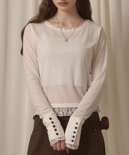 hazyl(ヘイジル)の「sheer sleeve design long T-shirt/シアー袖デザインロンT(Tシャツ/カットソー・レディース・ブラウン系その他/ネイビー/オフホワイト/ピンク・フリー)」の7枚目の写真