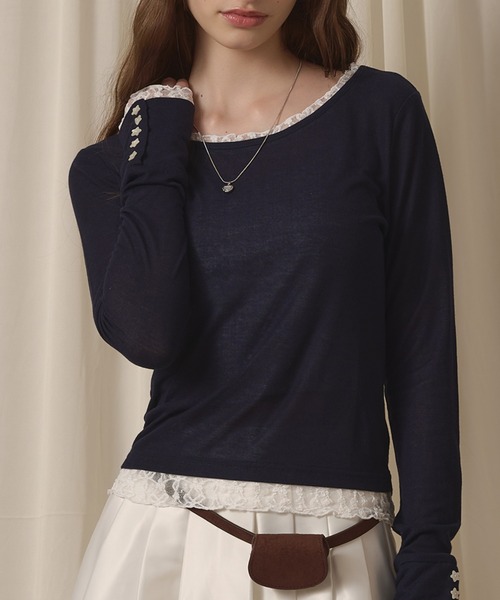 hazyl(ヘイジル)の「sheer sleeve design long T-shirt/シアー袖デザインロンT(Tシャツ/カットソー・レディース・ブラウン系その他/ネイビー/オフホワイト/ピンク・フリー)」の6枚目の写真