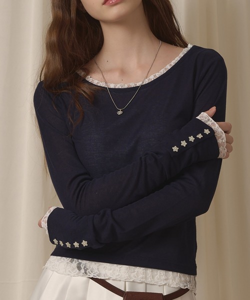 hazyl(ヘイジル)の「sheer sleeve design long T-shirt/シアー袖デザインロンT(Tシャツ/カットソー・レディース・ブラウン系その他/ネイビー/オフホワイト/ピンク・フリー)」の5枚目の写真