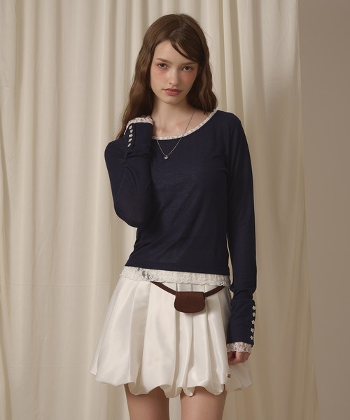 hazyl(ヘイジル)の「sheer sleeve design long T-shirt/シアー袖デザインロンT(Tシャツ/カットソー・レディース・ブラウン系その他/ネイビー/オフホワイト/ピンク・フリー)」の14枚目の写真