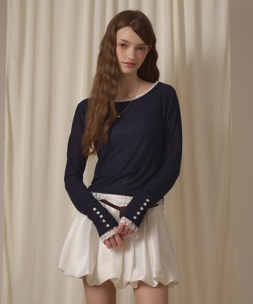 hazyl(ヘイジル)の「sheer sleeve design long T-shirt/シアー袖デザインロンT(Tシャツ/カットソー・レディース・ブラウン系その他/ネイビー/オフホワイト/ピンク・フリー)」の15枚目の写真