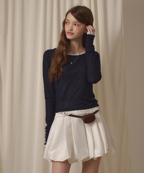 hazyl(ヘイジル)の「sheer sleeve design long T-shirt/シアー袖デザインロンT(Tシャツ/カットソー・レディース・ブラウン系その他/ネイビー/オフホワイト/ピンク・フリー)」の16枚目の写真