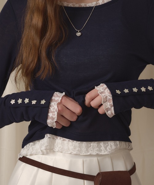 hazyl(ヘイジル)の「sheer sleeve design long T-shirt/シアー袖デザインロンT(Tシャツ/カットソー・レディース・ブラウン系その他/ネイビー/オフホワイト/ピンク・フリー)」の10枚目の写真
