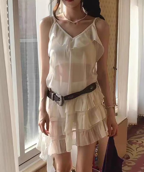 Girly Doll(ガーリードール)の「ティアードフリルミニキャミワンピース(キャミソール・レディース・ホワイト/ブラック・FREE)」の1枚目の写真