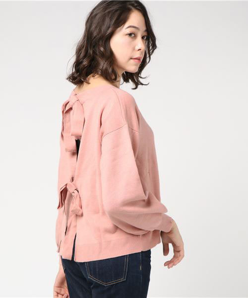 GeeRA（ジーラ）の「バックリボン使い袖ボリュームニット（ニット/セーター・レディース・ブラック/杢グレー/ピンクベージュ・M/L/LL）」の12枚目の写真