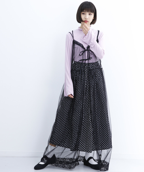 MERLOT（メルロー）の「チュールレースキャミソールロングワンピース1428（ワンピース・レディース・ブラック/オフホワイト/ピンク/オレンジ・FREE）」の3枚目の写真