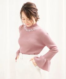 KOBE LETTUCE | きらきらビジューでレディ度アップ！フレアスリーブ★ハイネックビジューニットトップス/レディースセーター/長袖[C3063]神戸レタス(ニット/セーター)