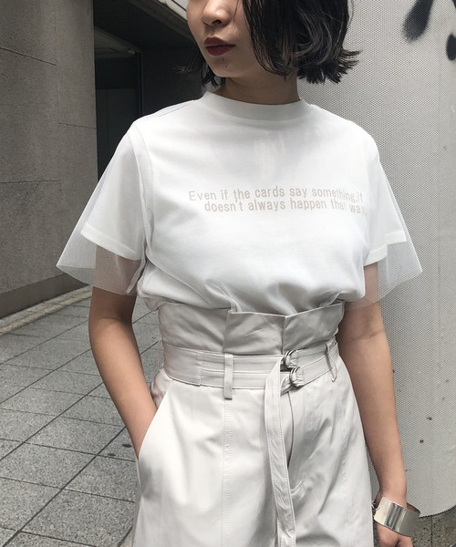 &g'aime(アンジェム)の「【&g'aime】ロゴプリント×チュールTシャツ(Tシャツ/カットソー)」|ホワイト