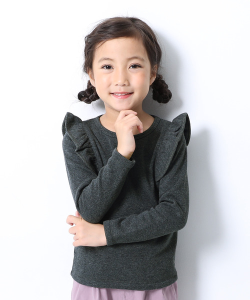 devirock（デビロック）の「裏シャギー肩フリルトップス（Tシャツ/カットソー・キッズ・ブラック/ヘザーチャコール/ブルー系その他/ラベンダー/パープル系その他/ワイン/ピンク系その他/スモークピンク・80ｃｍ/90cm/100cm/110cm/120cm/130cm/140cm/150cm/160cm）」の3枚目の写真