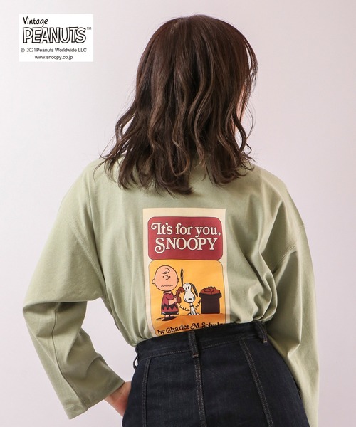 PEANUTS ｽﾇｰﾋﾟｰ70周年ｱﾆﾊﾞｰｻﾘｰﾊﾞｯｸﾌﾟﾘﾝﾄ八分袖Tｼｬﾂ（Tシャツ