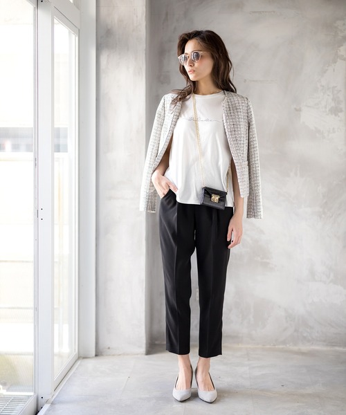 21ss スーツセット カラーmixツィードノーカラージャケット テーパードパンツ ブラウス3点セットスーツ スーツセット White White Zozotown限定アイテム Joola ホワイトジョーラ のファッション