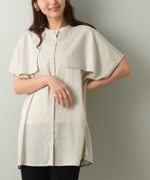 INTERPLANET（インタープラネット）の「麻混アンブレラヨークフレンチシャツ（シャツ/ブラウス・レディース・ブラック/オフホワイト/アイボリー・FREE）」の2枚目の写真