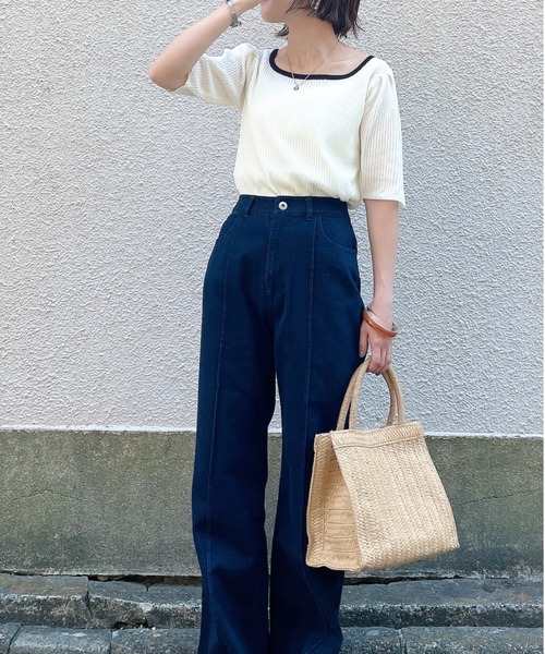 archives(アルシーヴ)の「【web限定item】配色パイピングリブプルオーバー(ニット/セーター・レディース・ホワイト/オフホワイト/ブラック/ベージュ/グリーン系その他・MEDIUM)」の1枚目の写真