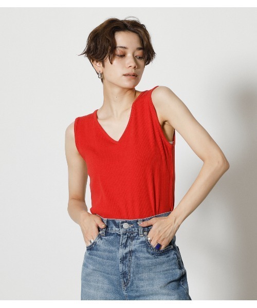 AZUL by moussy（アズールバイマウジー）の「2WAY LACE UP RIB TANK/2WAYレースアップリブタンク（タンクトップ・レディース・ベージュ/ブラック系その他/レッド/ベージュ系その他・MEDIUM/SMALL）」の4枚目の写真