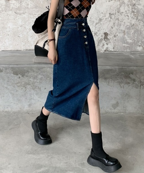 ABITOKYO（アビトーキョー）の「センタースリットハイウエストデニムスカート（デニムスカート・レディース・ライトブルー/インディゴブルー・S/M/L）」の2枚目の写真