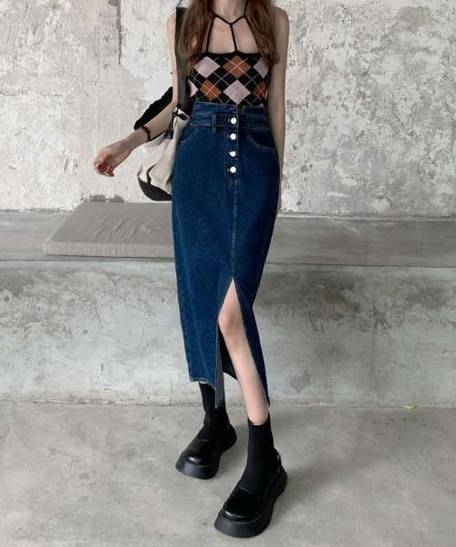 ABITOKYO（アビトーキョー）の「センタースリットハイウエストデニムスカート（デニムスカート・レディース・ライトブルー/インディゴブルー・S/M/L）」の14枚目の写真