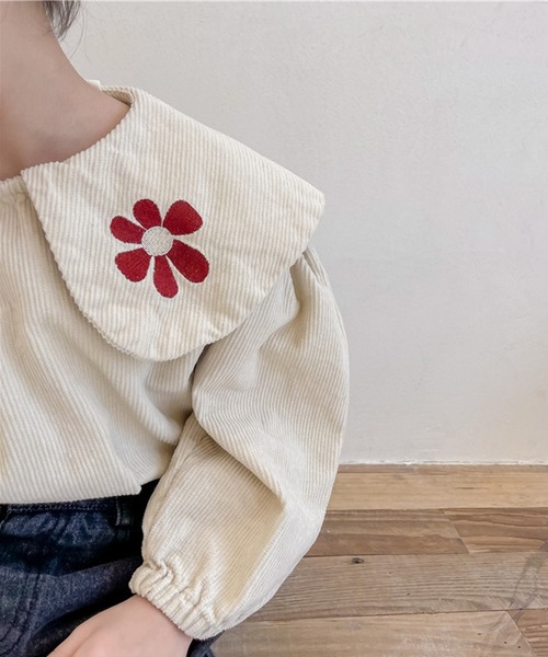 aimoha（アイモハ）の「【aimoha-KIDS-】【新作】子供服 かわいいビッグカラー花刺繍入りブラウス（シャツ/ブラウス・キッズ・ベージュ/ブルー・90/100/110/120/80/130）」の6枚目の写真