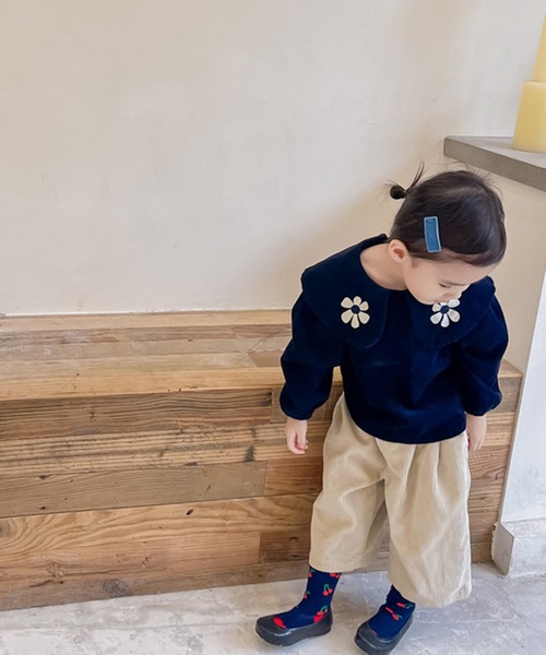 aimoha（アイモハ）の「【aimoha-KIDS-】【新作】子供服 かわいいビッグカラー花刺繍入りブラウス（シャツ/ブラウス・キッズ・ベージュ/ブルー・90/100/110/120/80/130）」の3枚目の写真