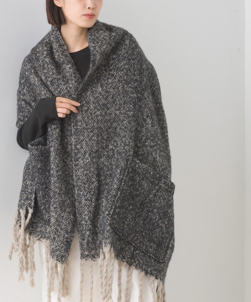 グレー モノグラム 大判ストール フリンジ付き164×164 グレー モノグラム 大判ストール フリンジ付き164×164 グレー