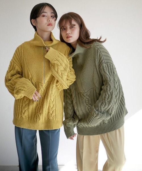 spoon store(スプーンストア)の「ハーフジップケーブルニット(ニット/セーター・レディース・グリーン/マスタード/ホワイト系その他・フリー)」の6枚目の写真
