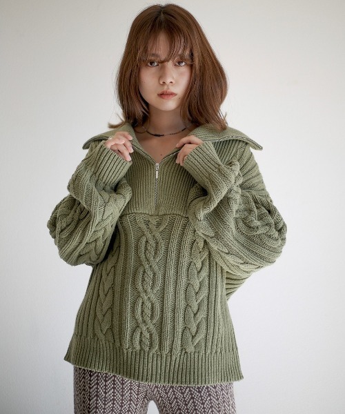 spoon store(スプーンストア)の「ハーフジップケーブルニット(ニット/セーター・レディース・グリーン/マスタード/ホワイト系その他・フリー)」の8枚目の写真