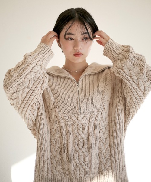 spoon store(スプーンストア)の「ハーフジップケーブルニット(ニット/セーター・レディース・グリーン/マスタード/ホワイト系その他・フリー)」の4枚目の写真