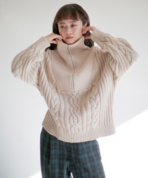 spoon store(スプーンストア)の「ハーフジップケーブルニット(ニット/セーター・レディース・グリーン/マスタード/ホワイト系その他・フリー)」の14枚目の写真