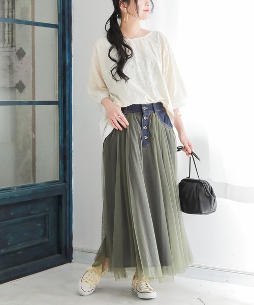 osharewalker(オシャレウォーカー)の「【廃盤】『デニム切替配色チュールスカート』(スカート・レディース・カーキ/グレー・1/2)」の13枚目の写真