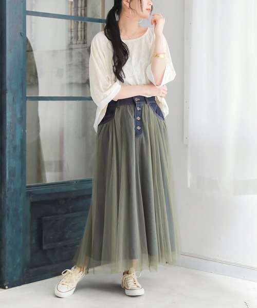 osharewalker(オシャレウォーカー)の「【廃盤】『デニム切替配色チュールスカート』(スカート・レディース・カーキ/グレー・1/2)」の14枚目の写真