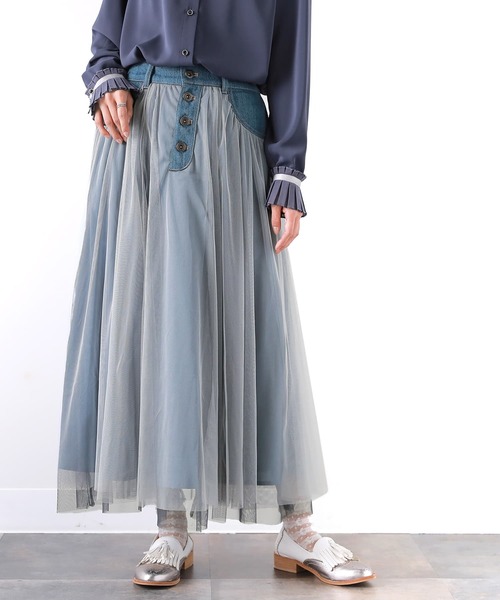 osharewalker(オシャレウォーカー)の「【廃盤】『デニム切替配色チュールスカート』(スカート・レディース・カーキ/グレー・1/2)」の3枚目の写真