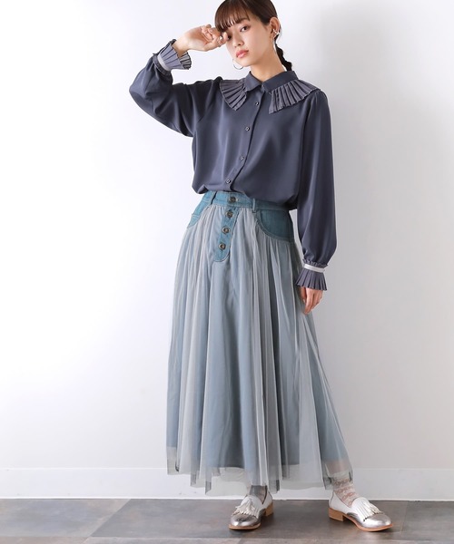 osharewalker(オシャレウォーカー)の「【廃盤】『デニム切替配色チュールスカート』(スカート・レディース・カーキ/グレー・1/2)」の7枚目の写真