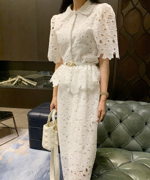 Leja（レジャ）の「【LEJA】花柄レース透けウエストデザインブラウスロングワンピースセットアップ（ワンピース・レディース・ホワイト/ブラック・FREE）」の4枚目の写真