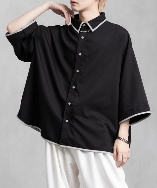 Adoon plain（アドーンプレーン）の「【Adoon plain】パイピング半袖シャツ（シャツ/ブラウス・メンズ・ブルー/オフホワイト/ボルドー/ブラック・LARGE/MEDIUM）」の3枚目の写真