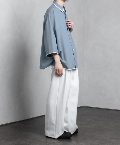 Adoon plain（アドーンプレーン）の「【Adoon plain】パイピング半袖シャツ（シャツ/ブラウス・メンズ・ブルー/オフホワイト/ボルドー/ブラック・LARGE/MEDIUM）」の14枚目の写真