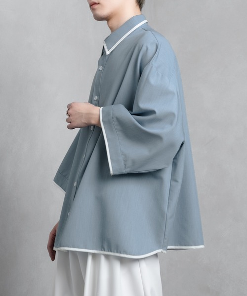 Adoon plain（アドーンプレーン）の「【Adoon plain】パイピング半袖シャツ（シャツ/ブラウス・メンズ・ブルー/オフホワイト/ボルドー/ブラック・LARGE/MEDIUM）」の17枚目の写真