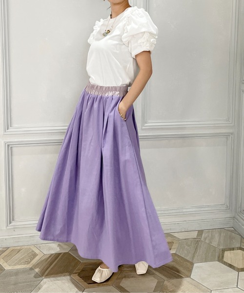 StyleSea（スタイルシー）の「コットンリネンロングギャザーフレアスカート（スカート・レディース・ブラック/パープル/ブラウン/レッド/ピンク/イエロー/ブルー/グリーン/ラベンダー/キャメル・FREE）」の6枚目の写真