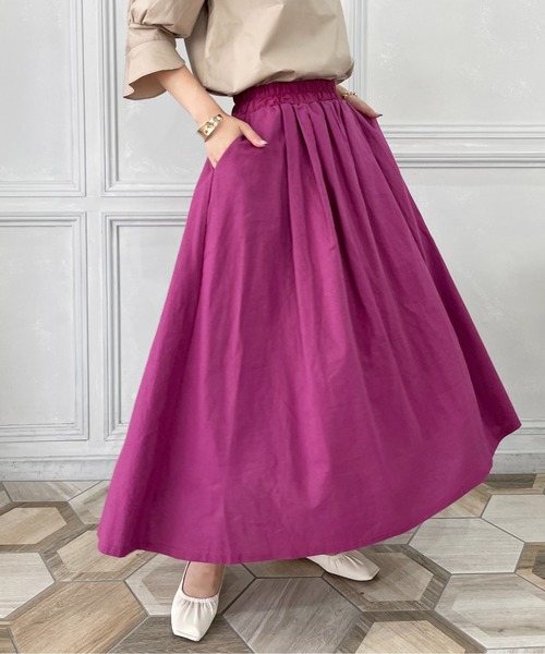 StyleSea（スタイルシー）の「コットンリネンロングギャザーフレアスカート（スカート・レディース・ブラック/パープル/ブラウン/レッド/ピンク/イエロー/ブルー/グリーン/ラベンダー/キャメル・FREE）」の5枚目の写真