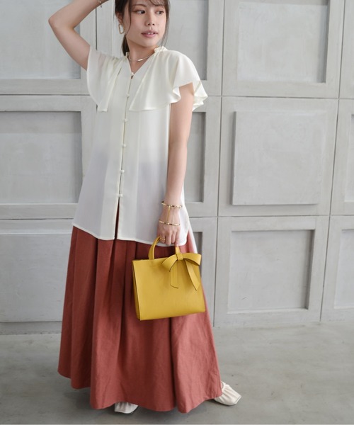 StyleSea（スタイルシー）の「コットンリネンロングギャザーフレアスカート（スカート・レディース・ブラック/パープル/ブラウン/レッド/ピンク/イエロー/ブルー/グリーン/ラベンダー/キャメル・FREE）」の3枚目の写真