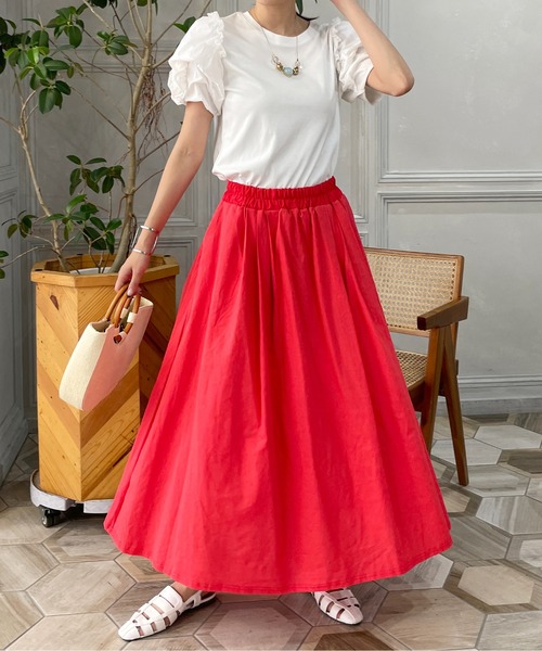 StyleSea（スタイルシー）の「コットンリネンロングギャザーフレアスカート（スカート・レディース・ブラック/パープル/ブラウン/レッド/ピンク/イエロー/ブルー/グリーン/ラベンダー/キャメル・FREE）」の10枚目の写真