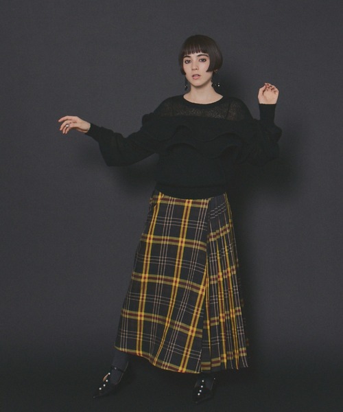 アシンメトリーチェックプリーツスカート（スカート）｜manana